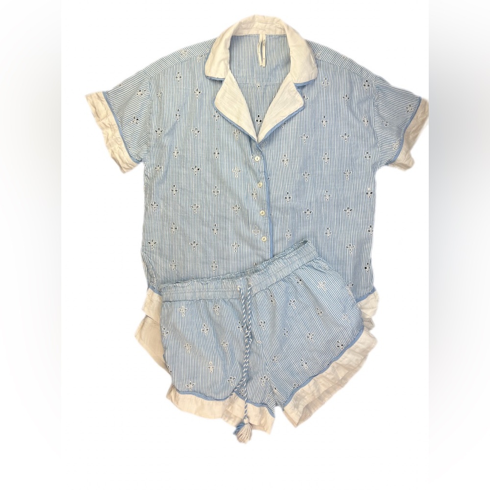 By ANTHROPOLOGIE Bijou 2 Pc Striped Eyelet Pajama Short Set - M - Picture 7 of 10